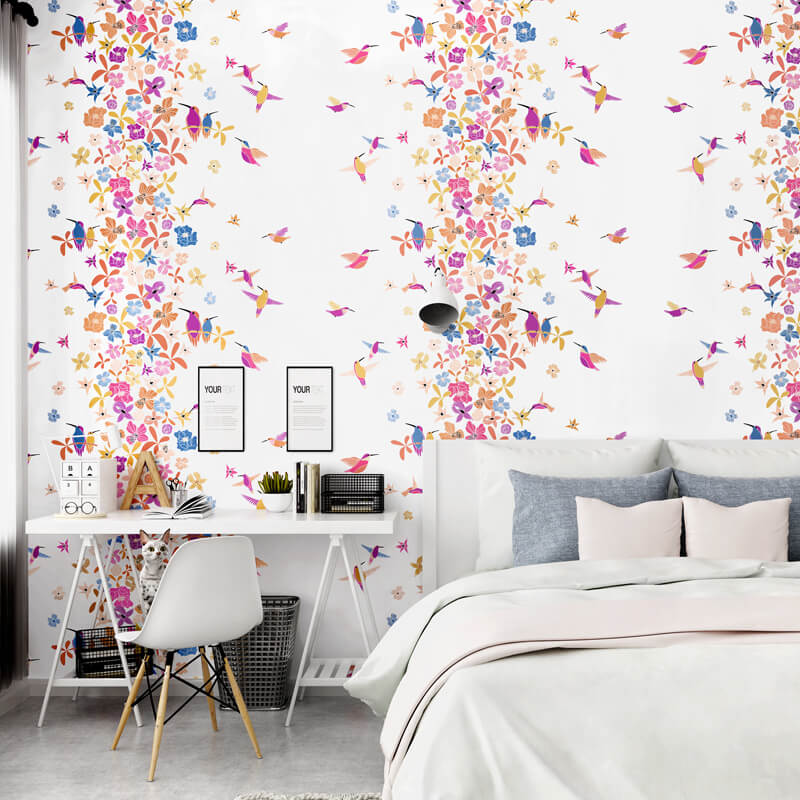 Giấy dán tường họa tiết chim hút mật hoa 3D259 màu hồng dán phòng ngủ