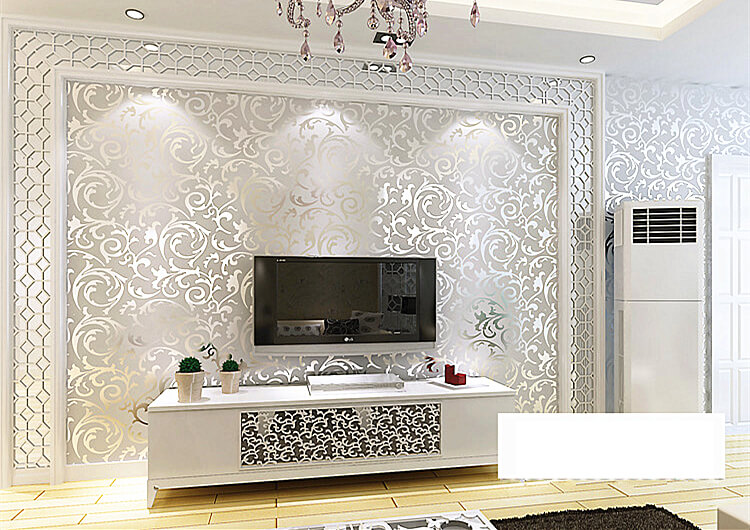 Giấy dán tường hoa lá cách điệu màu bạc ánh kim 3D296 phòng khách